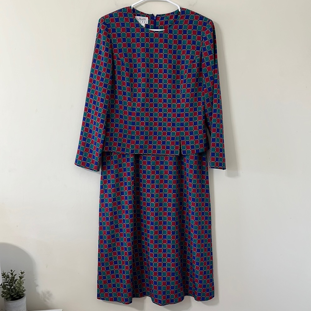 Vintage Talbots Red Blue Green Check Long Sleeve Tiered Overlay Dress Size 8P - Picture 1 of 8